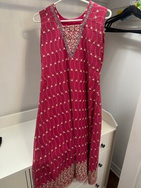 Girls Indian Kurta Pink Embroidered Sleeveless Dress